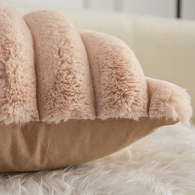 Neelvin Camel Faux Fur Cozy Soft Striped Decorative Throw Pillow Covers 18x18 inch Set of 2,Velvet Pillowcase Cushion Case for Sofa Couch
