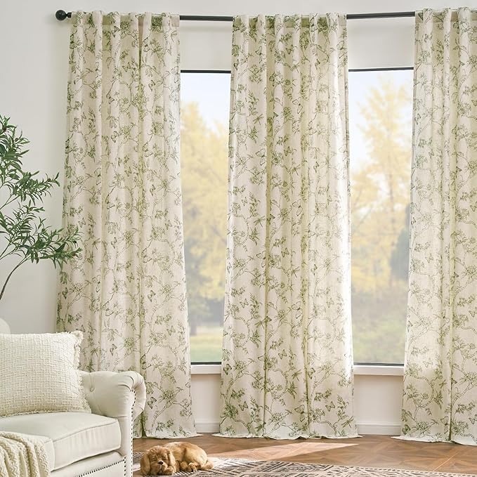 Lazzzy Green Floral Lined Linen Farmhouse Curtains 84 Inch Long Back Tab Drapes for Living Room Bedroom Light Filtering Vintage Rod Pocket, 2 Panels, Green on Beige