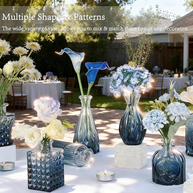 Glass Bud Vase Set of 12 Pcs, Small Glass Vases for Flowers, Vintage Vases for Centerpieces, Small Flower Design for Centerpieces Wedding Decorations Home Flower Party Decor (Blue, 12 Pcs)