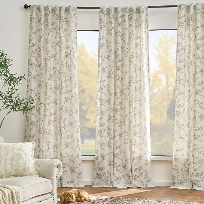 Lazzzy Farmhouse Lined Linen Gray Floral Curtains 96 Inch Length Back Tab Drapes for Living Room Bedroom Light Filtering Country Vintage Rod Pocket, 2 Panels, Grey on Beige