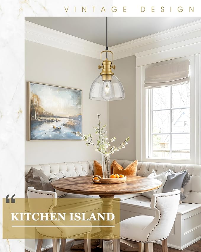 Pendant Lights Kitchen Island 2 Pack, 7.5" Farmhouse Pendant Lighting with Clear Seeded Glass Shade, Vintage Hanging Light Fixtures for Dining Room, Brushed Gold, AD-22151-1P2-GD