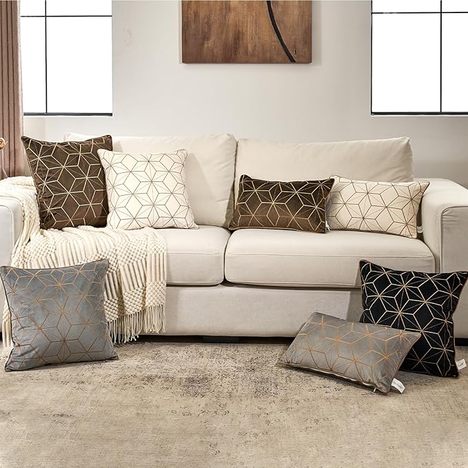 Aeckself White Gold Plaid Geometric Throw Pillow Cover 18x18 Inch, Soft Velvet Embroidery Modern Square Decorative Pillow Cover with Stitched Edge for Couch Living Room Bedroom