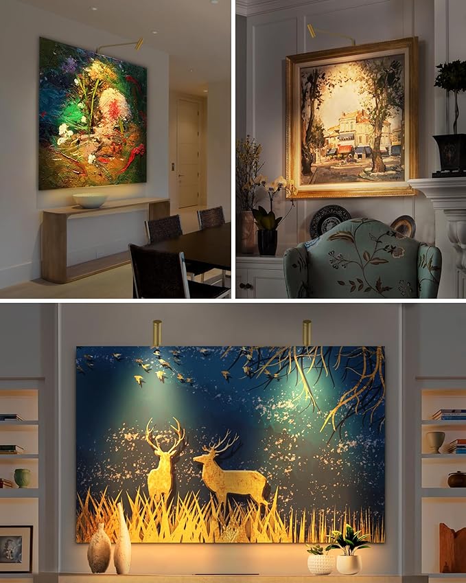 Brass Picture Light Plug in LED Picture Lights for Wall 3000K Warm White Picture Frame Light with Remote Control & Timer Dimmable Picture Lights Art Lighting for Paintings Wall Display Gallery
