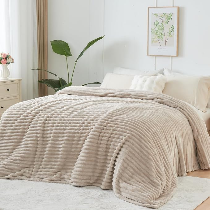 NEWCOSPLAY Super Soft Throw Blanket Linen Premium Silky Flannel Fleece 3D Ribbed Jacquard Lightweight Bed Blanket All Season Use (Linen Ribbed, Throw(50"x60"))
