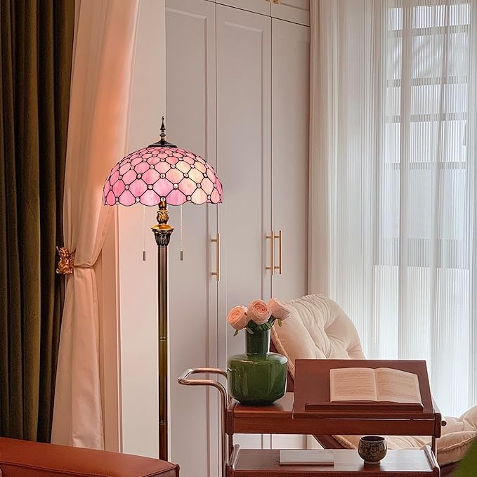 Tiffany Floor Lamp Stained Glass Pearls Beads Standing Reading Light 16x16x64 Inch Retro Inspired Pole Corner Lighting Art Decor for Bedroom Living Room Home Office (Pink)