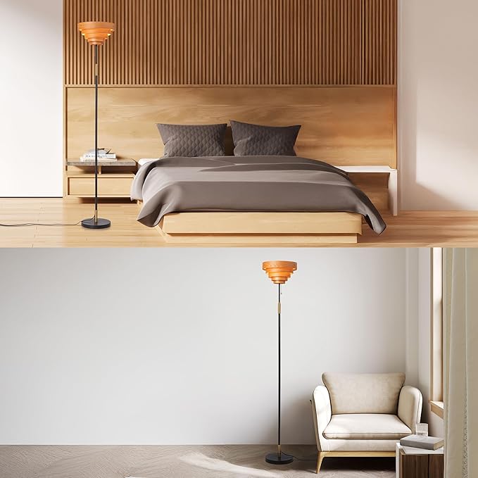 O'Bright Cascade Floor Lamp – Modern Wooden Layered Lampshade, E26 Socket, Pull Chain Switch, Metal Base, Standing Lamp for Living Room, Bedroom, Office, Antique Brass