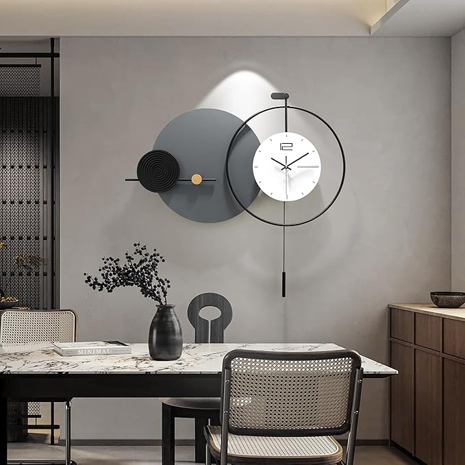 Large Modern Wall Clock for Living Room,Decorative Silent Battery Operated Wall Clock with Pendulum Metal Wall Art for Kitchen/Bedroom/Entryway/Office Decor