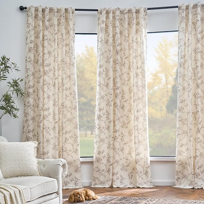 Lazzzy Farmhouse Lined Linen Taupe Floral Curtains 96 Inch Long Back Tab Drapes for Living Room Bedroom Light Filtering Country Vintage Rod Pocket, 2 Panels, Taupe on Beige