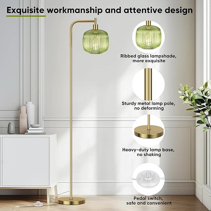 QiMH Glass Floor Lamp for Living Room, Modern Standing Lamp with Ribbed Glass Lampshade Pedal Switch, 67” Tall Lamp for Bedroom Study Room, Brushed Gold (2700K LED Bulb Included)