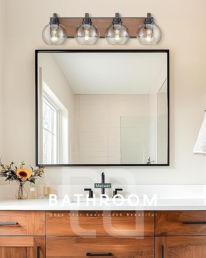Bathroom Light Fixtures, 4-Light Black and Faux-Wood Finish Bathroom Vanity Light, 26 Inch Farmhouse Wall Sconces with Globe Clear Glass Shade, Vanity Lighting Fixtures Over Mirror, VL195-WB-4