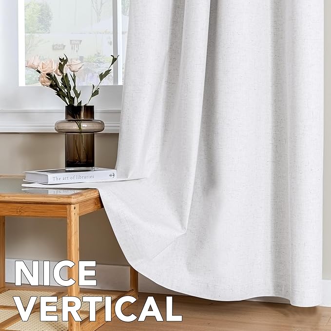 H.VERSAILTEX Linen Curtains 100% Blackout Curtains for Bedroom 96 inch Long Full Light Blocking Nature Linen Blended Window Curtains for Living Room Nickel Grommet (2 Panels, Heathered White)