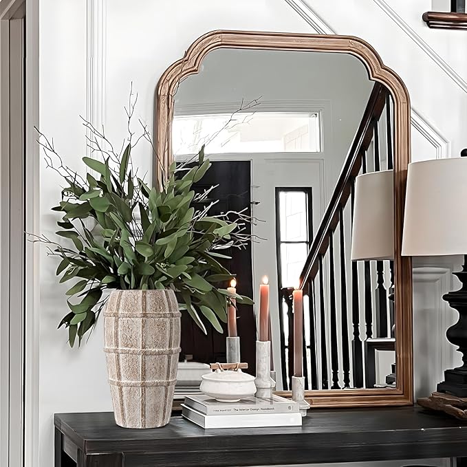 Briful Rustic Terracotta Flower Vase for Home Decor – 9" Brown Farmhouse Textured Barrel-Style Ceramic Vase Vintage Handcrafted Gridded Design for Faux & Dried Flowers Living Room Table Centerpiece