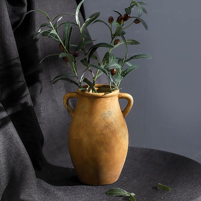 Ceramic Rustic Vase, Christmas Flower Vase with Handle, 9 inch Farmhouse Pottery Flower Vase for Home Decor, Living Room Shelf Decor, Enterway, Table