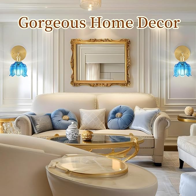 Vintage Battery Operated Wall Sconce with Flower lampshade,Rechargeable Battery Powered Wall Lights,Wall lamp with 15 Colors for Bedroom Living Room Home Decor (Flower Blue, 2 Light Battery Operated)