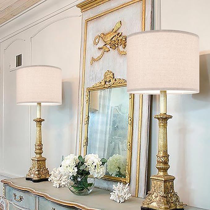 GO&SO Drum Lamp Shades Set of 2 Medium,Oatmeal Linen Lamp Shade 13"Top x 13"Bottom x 10"High(Spider),Replacement Lamp Shades for Floor Lamps,Table Lamp Shade,Hand Crafted Lampshade,Assembly Required