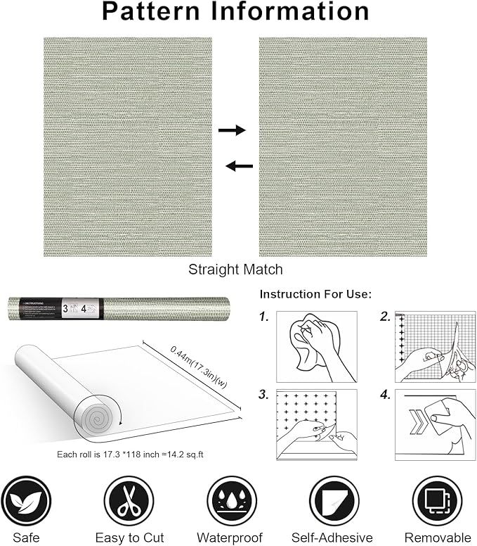 Simon&Siff Green Textured Grasscloth Peel and Stick Wallpaper 17.7"x118" Neutral Faux Grassweave Wallpaper Waterproof Self Adhesive Removable Wallpaper Mural for Home Decor Bedroom Kitchen Cabinet