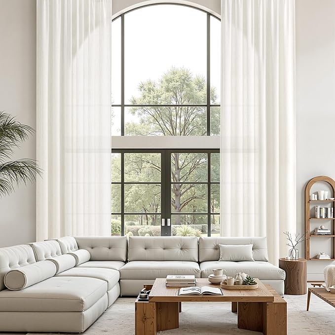 Guken Extra Long 168 Inches Curtains Linen Sheer Curtains Light Filtering Semi Sheer Linen Drapes Ceiling to Floor Loft High Ceiling Living Room Rod Pocket,Natural,W52xL168,2 Panels