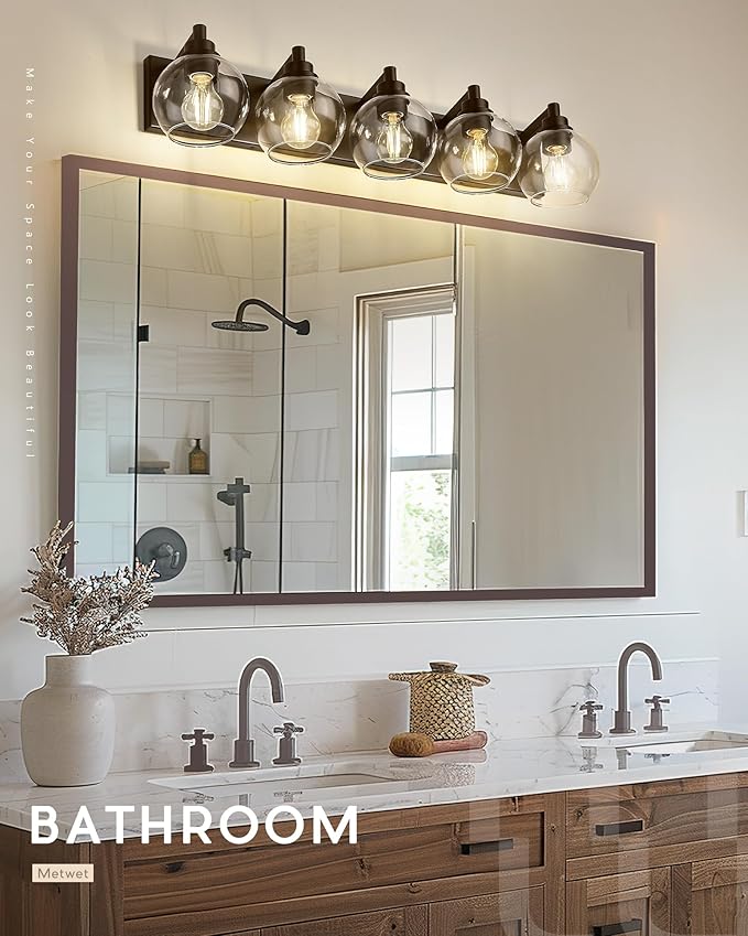 Bathroom Light Fixtures Over Mirror, 5-Light Oil Rubbed Bronze Bathroom Vanity Light with Globe Clear Glass Shade, 32 Inch Modern Sconces Wall Lighting, VL195-ORB-5