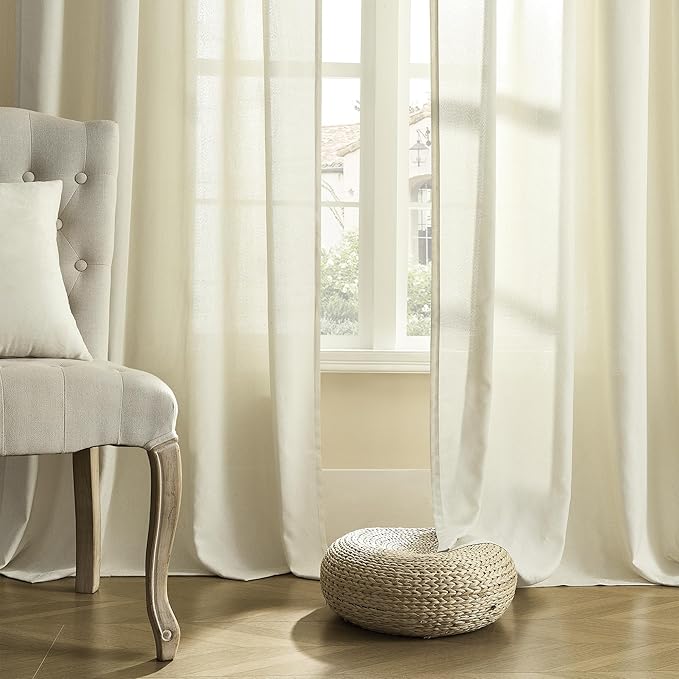 Cream Long Curtains 108 Inch Length for Living Room Dining 2 Panels Set Back Tab Loop Pocket Drape Semi Privacy Sheer Linen Cream Curtain for Patio Sliding Door Modern Farmhouse Decor 50x108