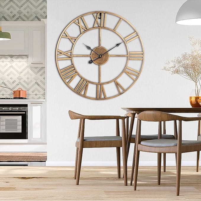 Large Wall Clock, 24-Inch(60CM) Roman Numeral Decorative Art Wall Clock,Completely Silent, Non Ticking, Battery-Operated Metal for Living Room, Bedroom and Kitchen-Copper Gold