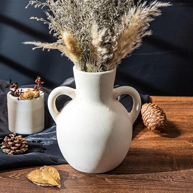 Rustic Ceramic Farmhouse Flower Vase with 2 Handles, Whitewashed Terra Cotta Vase, Decorative Pottery Flower for Home Decor, Table, Living Room, Shelf Decor, 7.3 Inch, White