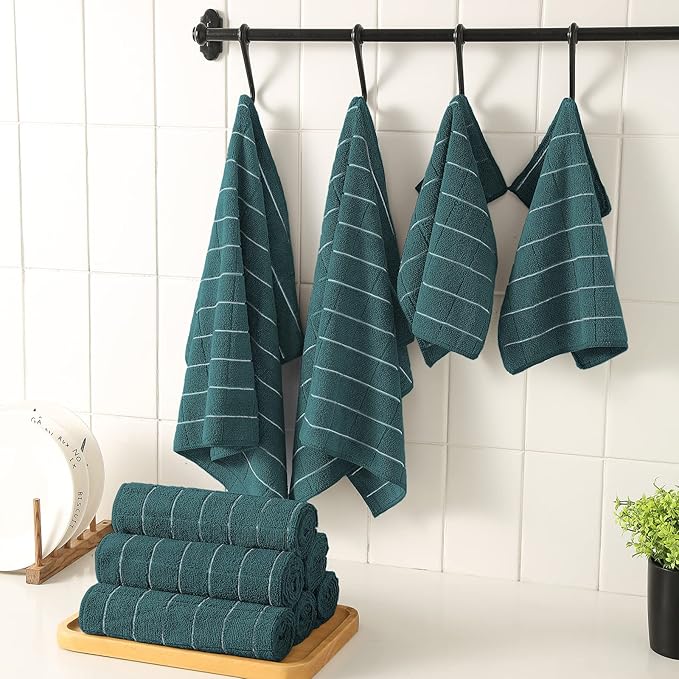 Microfiber Kitchen Towels and Dishcloths Set, 26 X 18 Inch and 12 X 12 Inch, Set of 12 Bulk Lint Free Dish Towels for Drying Dishes, Dark Green