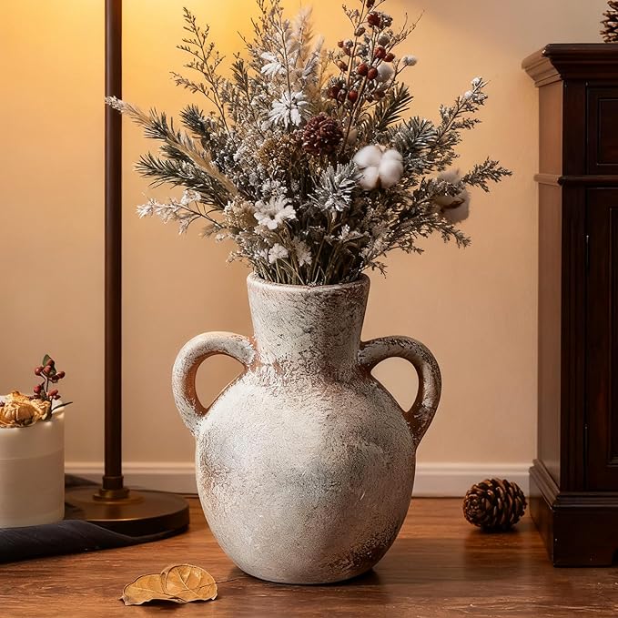 Rustic Ceramic Farmhouse Flower Vase with 2 Handles, Whitewashed Terra Cotta Vase, Decorative Pottery Flower for Home Decor, Table, Living Room, Shelf Decor, 7.3 Inch, Terra