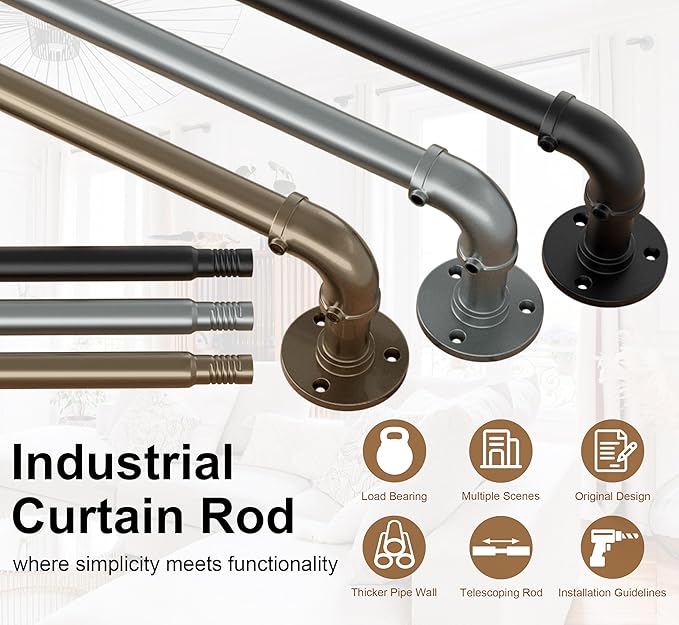 OEMQOBE Curtain Rods for Windows 16 to 120 Inches, Heavy Duty Industrial Curtain Rods 2 pack, Adjustable Wrap Around Blackout Curtains Rod, Black Drapery Rod, 1 Inch Indoor/Outdoor Drapery Pole