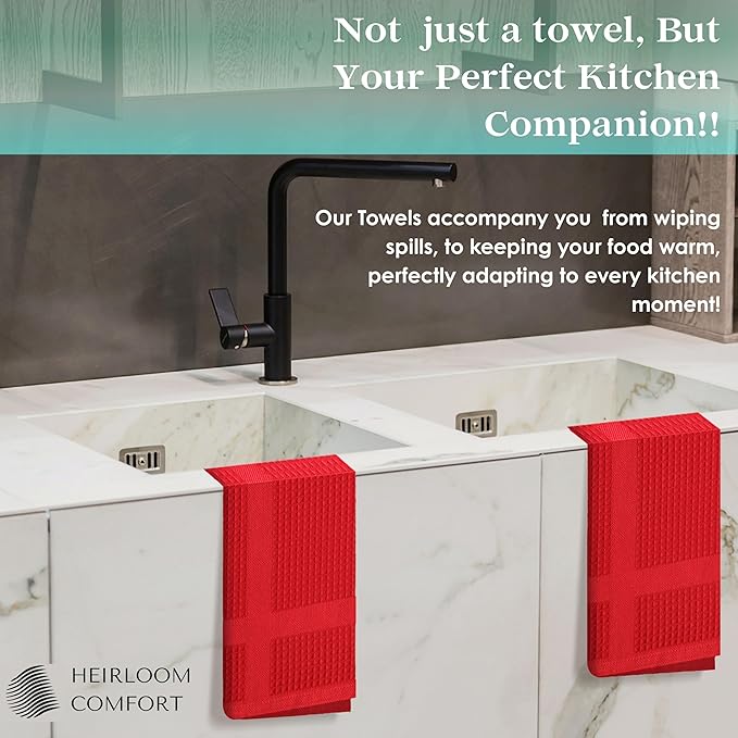 100% Cotton Kitchen Towels, 16"x26", 5 Pack, Waffle Weave, Absorbent, Fast Drying Dishcloth Set for Cleaning, Hand Towels, Dish Rags, Wash Cloth, Durable, Machine Washable, Red