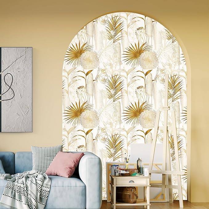 Gold/White Chrysanthemum Floral Peel and Stick Wallpaper - Tropical Palm Leaf Vintage Floral Contact Paper - Removable Wallpaper Vinyl Self Adhesive for Living Room Bedroom Shelf - 118.1"x17.71"