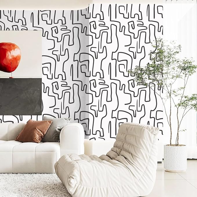 Ismoon 17.3"X590" Unique Black and White Peel and Stick Wallpaper Scribbles Wallpaper Modern Abstract Contact Paper Removable Self-Adhesive Wall Paper for Home Decoration Vinyl Film Roll