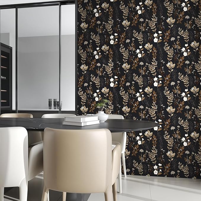 Black Floral Wallpaper Peel and Stick Gold Leaf Contact Paper Leaf Wallpaper Waterproof Self-Adhesive Wall Covering for Bedroom Countertop Desk Cabinets Decor 17.4" x 78"