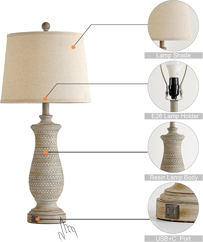 Farmhouse Table Lamps for Living Room Set of 2, Touch Lamps for Nightstand with Dual USB Charging Port, Bedside Table Lamp for Bedroom, 2 Bulb Included