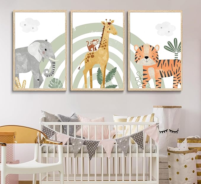 3Pcs Safari Animals Canvas Wall Art elephant tiger giraffe Posters Prints Bohemian Rainbow elements Paintings Pictures wall decor for Nursery Baby Bedroom Decorations Unframed