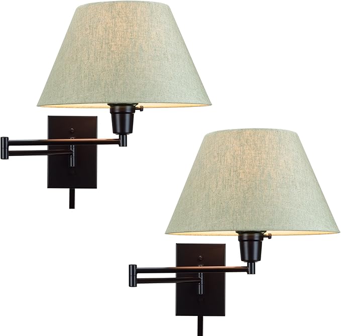 Kira Home Cambridge 15" Swing Arm Wall Lamp - Plug in/Wall Mount + Latte Mocha Fabric Shade, 150W 3-Way + Cord Covers, Black Finish, 2-Pack