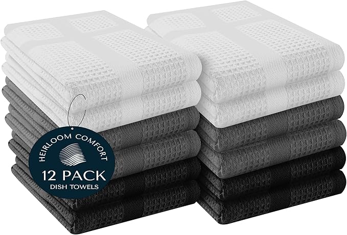 12 Pack Multi Color Waffle Weave Kitchen Towels, 16x26 Inch, 100% Cotton, Super Absorbent, Quick Dry, Hand Towels for Drying Dishes, Cleaning, Durable - White, Grey, Black