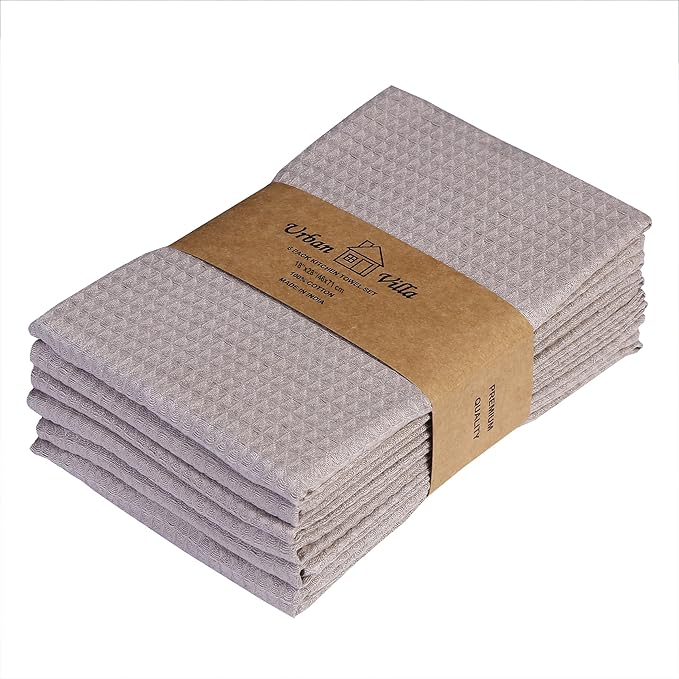 Urban Villa Kitchen Towels Waffle Dish Towels for Kitchen Smoke Color Set of 6 Over Sized 18x28 Inches Kitchen Towels Highly Absorbent 100% Cotton Mitered Corners Kitchen Hand Tea Towels Dish Cloths