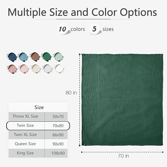Carriediosa 100% Cotton Muslin Throw Blanket 70" X 80" Twin Size,4-Layers Summer Gauze Throws for Bed Couch,Soft Lightweight Breathable Linen Blankets Bedspread for Adults All Season,Dark Green