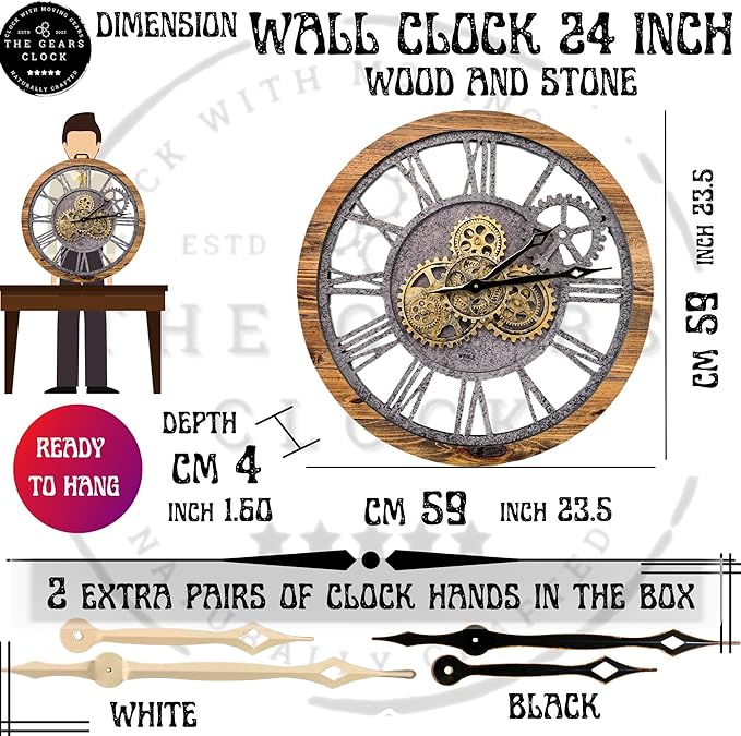 ImprovingLife The Gears Clock The Original Real Moving Gear Wall Clock Vintage Industrial Oversized Rustic Farmhouse (24 inch (60cm),Wood&Stone)