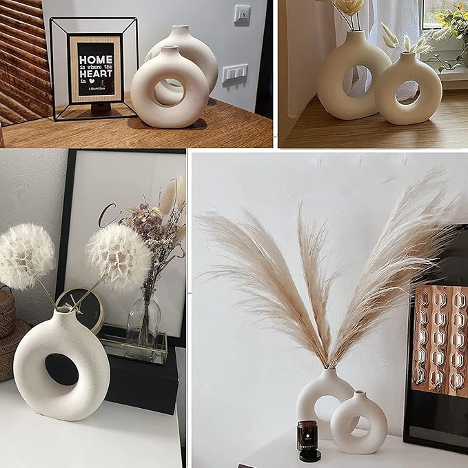 White Ceramic Vase - for Modern Home Decor,Round Matte Pampas Flower Vases Minimalist Nordic Boho Ins Style for Wedding Dinner Table Party Living Room Office Bedroom, Decorative Gift