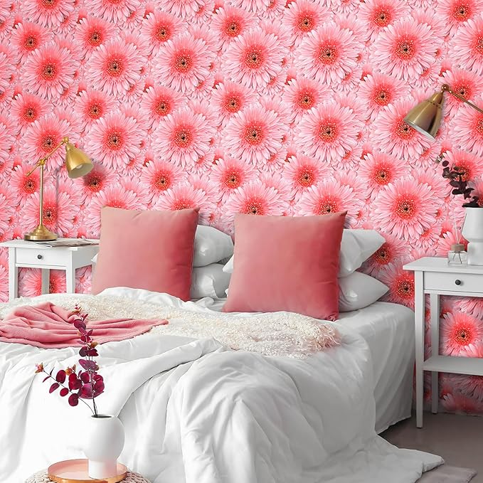 Livelynine 17.5x276" Pink Wallpaper Stick and Peel Boho Pink Flower Wall Paper for Girls Room Bathroom Accent Daisy Coquette Floral Wall Murals Removable Decorative Contact Paper for Furniture Desk