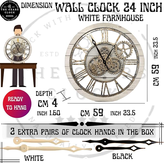 ImprovingLife The Gears Clock The Original Real Moving Gear Wall Clock Vintage Industrial Oversized Rustic Farmhouse (24 inch (60cm),White Farmhouse)