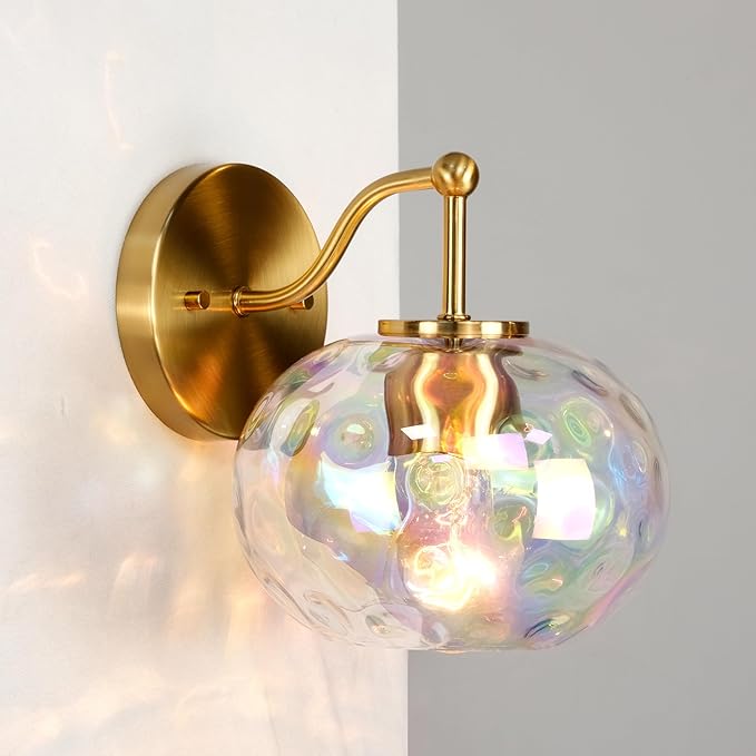 Gold Wall Sconce Light Colorful Hammered Glass Vanity Lighting Brushed Brass Wall Lamp for Bathroom Over Mirror