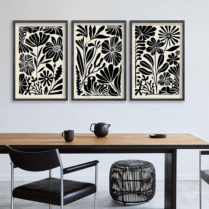 Abstract Floral Botanical Boho Wall Art 16x11 Inch Set of 3 Black and White Minimalist Botanical Pictures Prints for Bedroom Modern Home Living Room Scandinavian Style Wall Hanging Decor (Black)