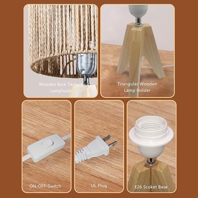 Tripod Table Lamp Light with Birch Color Wooden Base, Wooden Desk Lamp with Rattan Lampshade, 14.37 in Small Lamps, E26 Base Bedside Lamps for Night Stands, Home, Office, Living Room, Dorm(Stripe)