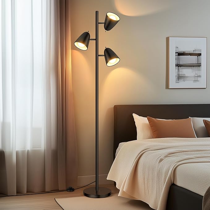 QiMH Tree Floor Lamp with 3 Light Bulbs, Standing Tall Pole Lamps for Living Room Bedroom Office, Reading Stand up Lamps with 3 Adjustable Arms, Black