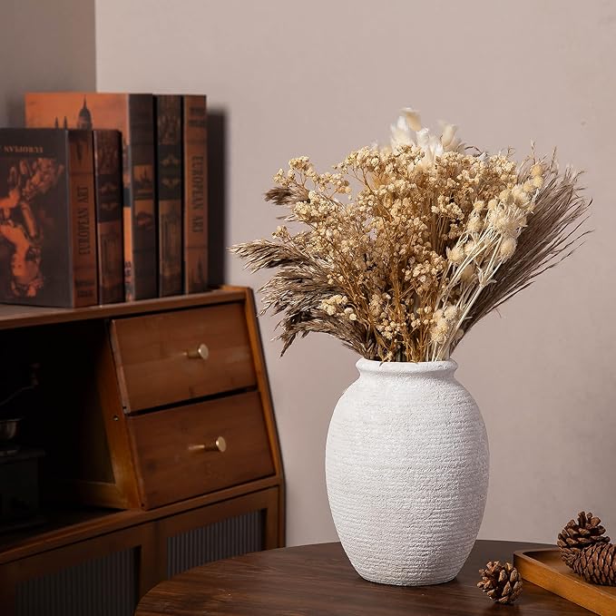 8 Inch White Ceramic Vase - Rustic Vintage Decorative Vase for Home - Farmhouse Pottery Vase for Flowers - Christmas Vase - Modern Vintage Dining Table Centerpiece , Lyeec Vases Set