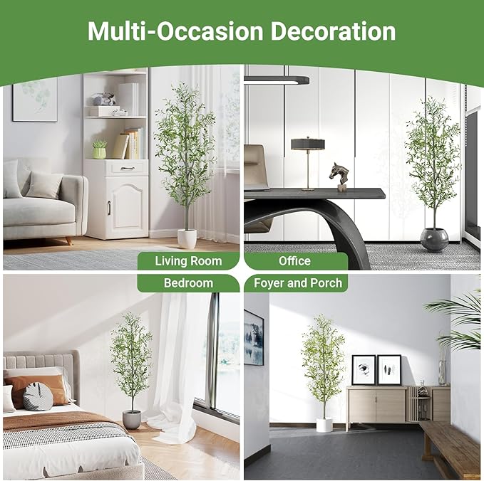 Faux Olive Tree 6FT Silk Plant Artificial Indoor, 6 FT Fake Potted Olive with Wicker Basket Planter, Tall Artificial Olive Trees with Natural Wood Trunk & Fruits for Home Office, 6 Feet (72")