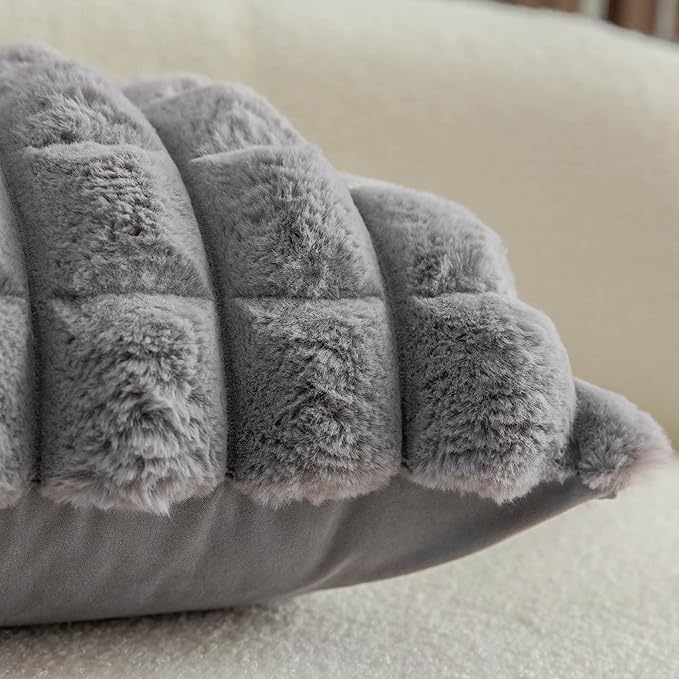 Neelvin Grey Faux Fur Cozy Soft Plaid Decorative Throw Pillow Covers 12x20 inch Set of 2,Velvet Pillowcase Cushion Case for Sofa Couch