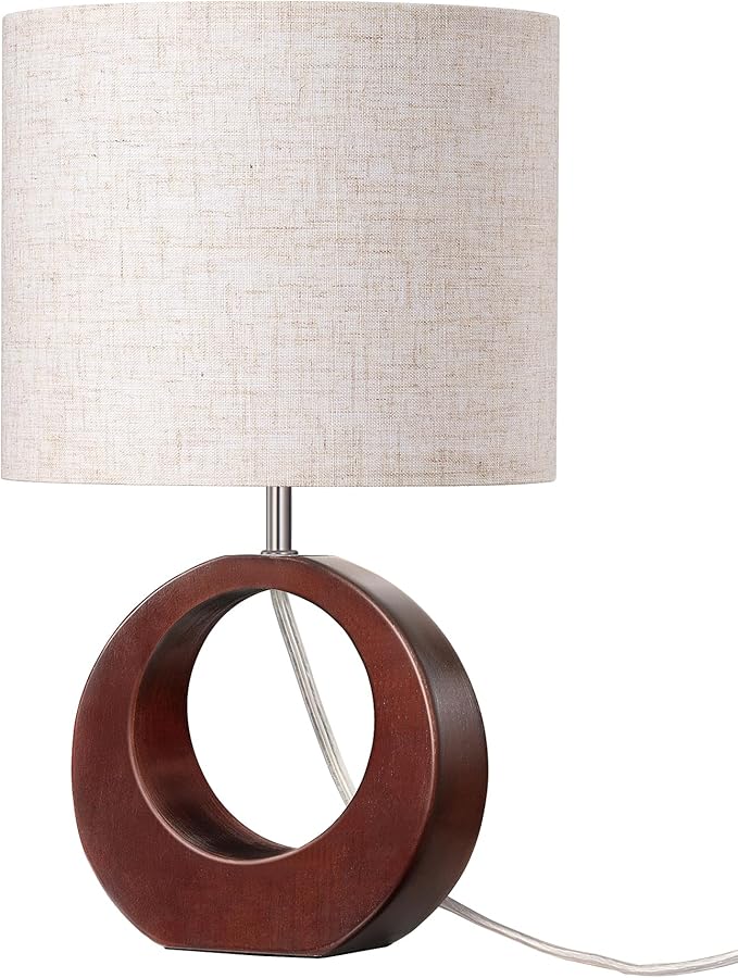 EDISHINE 13.4" Wood Table Lamp, Small Bedside Lamp with Beige Linen Lampshade & ON-Off Switch, E26 Base, Modern Nightstand Lamp for Living Room, Bedroom, Dark Walnut